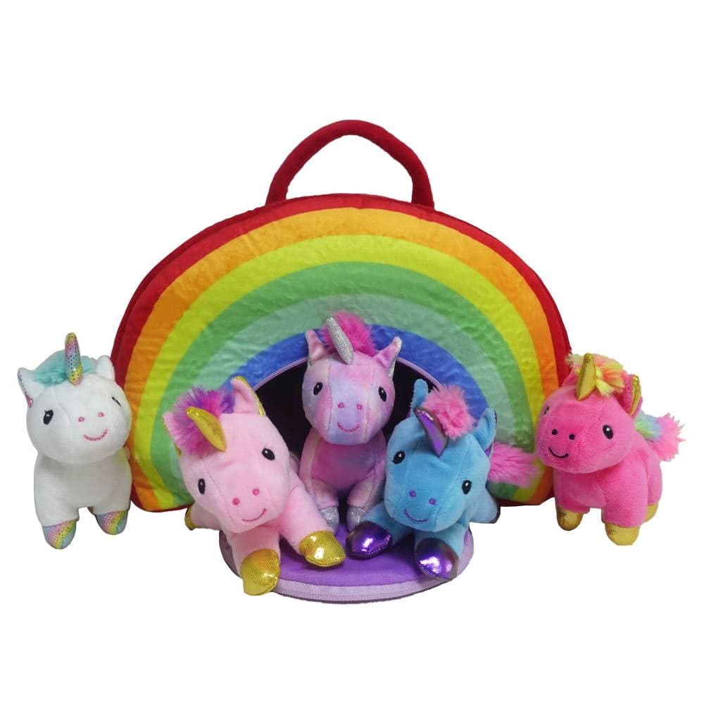 Set de juguetes de peluche Member's Mark unicornios con bolso de arcoíris 6 pzas