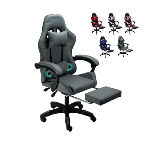 CUORY Silla Gamer Escritorio Ergonómica Reposapiés Ejecutiva | Ajuste de Altura | Reclinable Gaming Oficina Silla de Juegos de computadora con Giratorio | Reposacabezas y Almohada Lumbar (Negro/Gris)