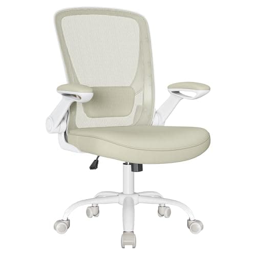 SONGMICS Silla de Oficina, Giratoria de Malla, Escritorio Ergonómica, Soporte Lumbar, Oscilante, Apoyabrazos Abatibles, Beige Avena MOBN037K02