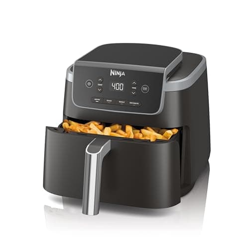 NINJA, Freidora de aire Pro 4 en 1, Capacidad de 5 QT, Freír al aire, Asar al aire, Hornear, Recalentar, Deshidratar, Asar, Cesta antiadherente, Cesta antiadherente, Gris, AF141LAA