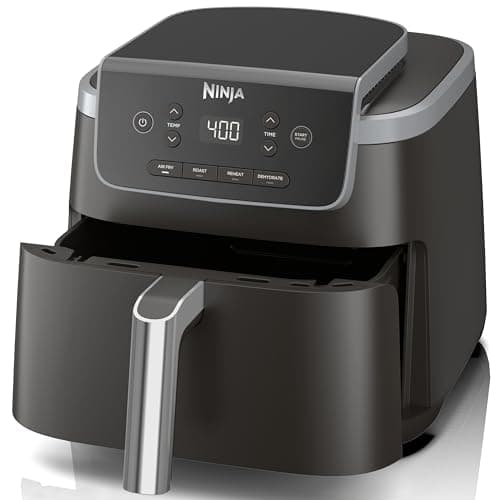 NINJA, Freidora de aire Pro 4 en 1, Capacidad de 5 QT, Freír al aire, Asar al aire, Hornear, Recalentar, Deshidratar, Asar, Cesta antiadherente, Cesta antiadherente, Gris, AF141