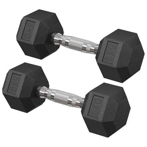 SONGMICS 2 Mancuernas Hexagonales, 2 x 5 kg, para Entrenamiento, Fortalecimiento, Gimnasio, Negro Tinta MSYL050B01