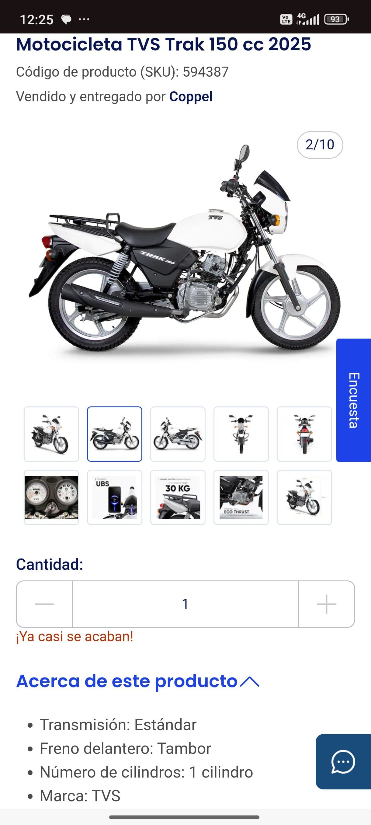 Motocicleta TVS Trak 150 modelo 2025