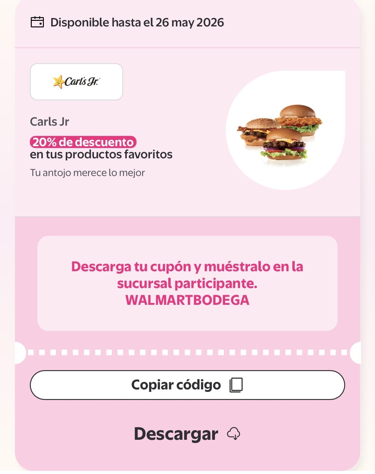 Aprovecha 20% de descuento en Carl’s Jr con Walmart Beneficios
