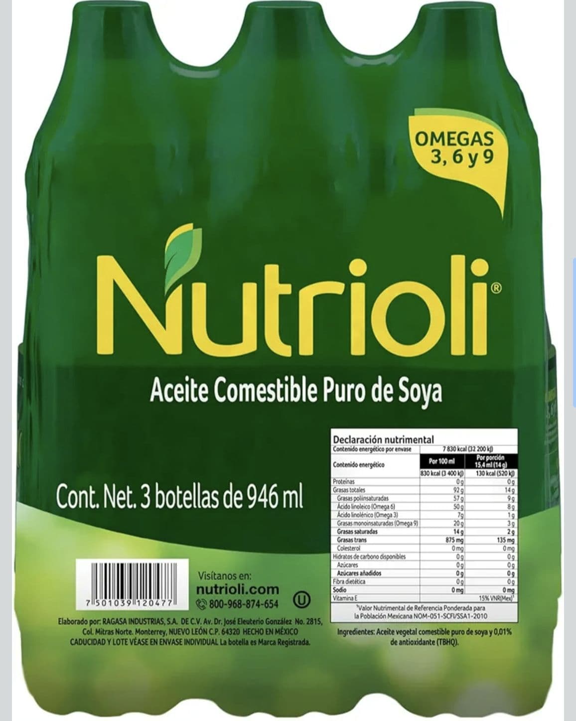 Nutrioli Tripack de Aceite Puro de Soya 946ml