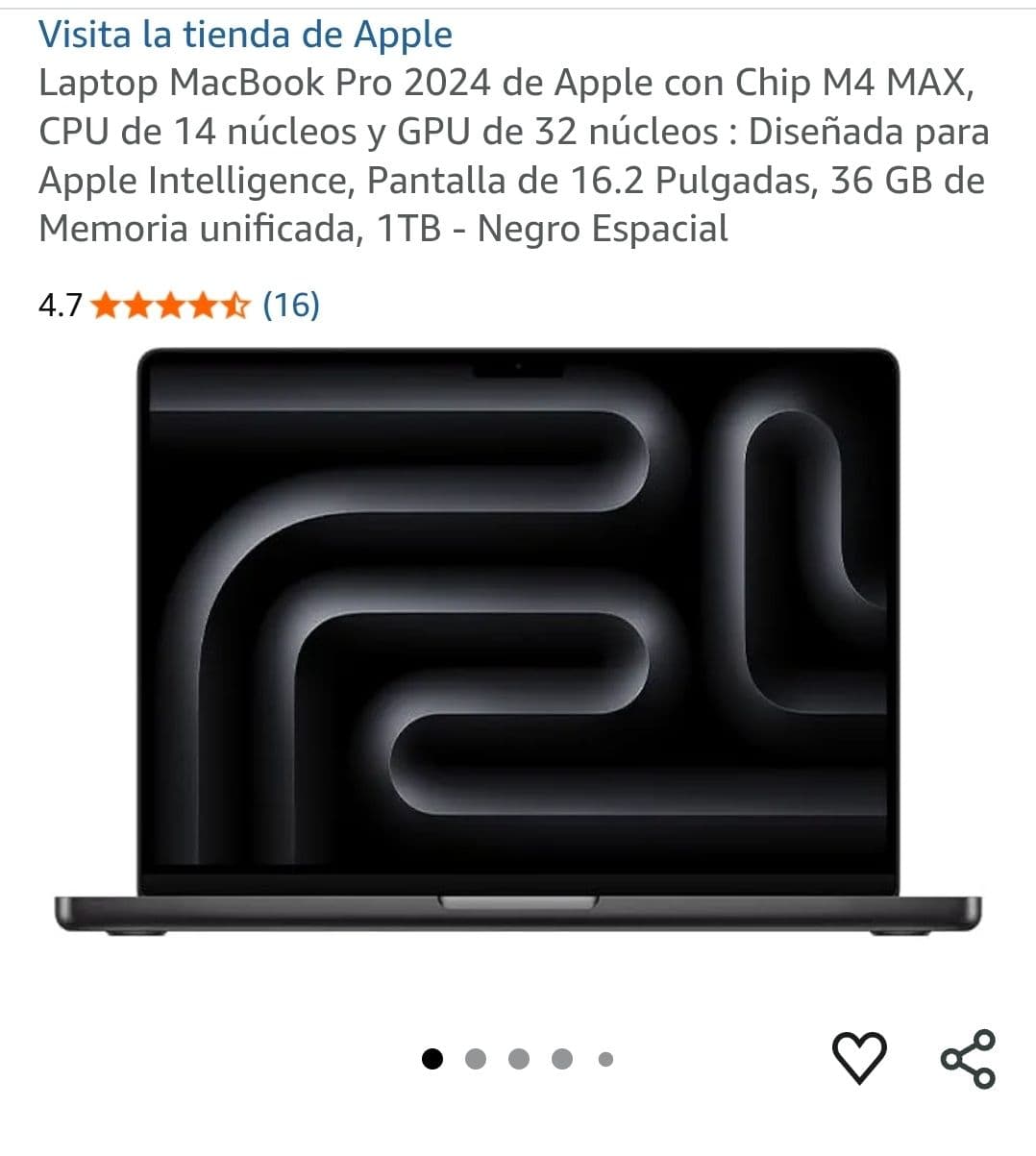 Macbook Pro M4 Max, 36GB RAM, 1TB, 16" Negro Espacial con Bonificación