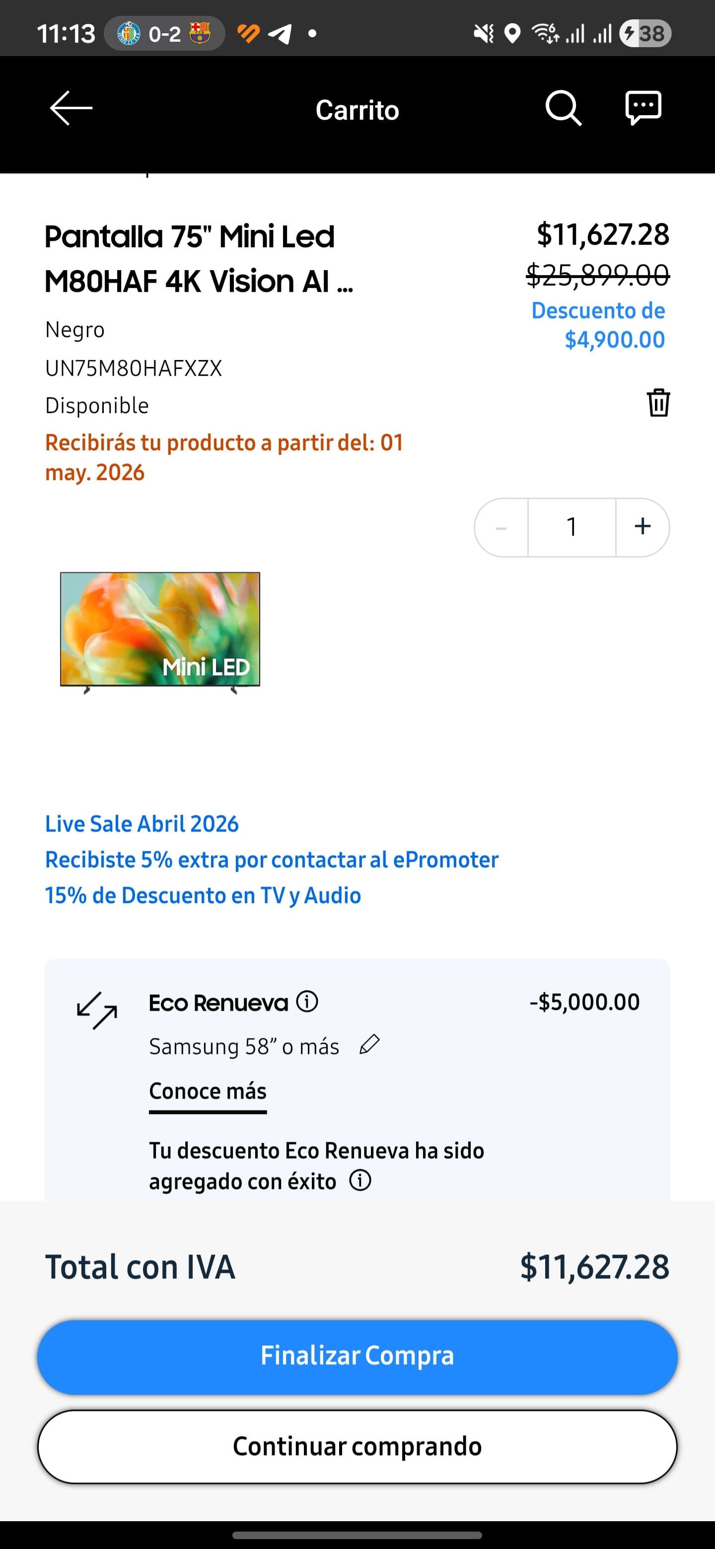 Smart TV Samsung 75" Mini Led M80HAF 4K AI (2026) + Music Frame de regalo